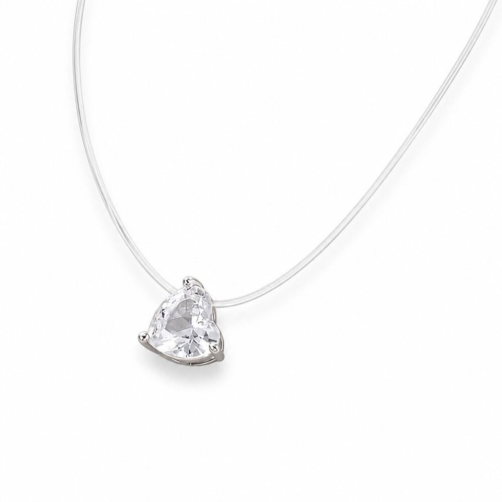 Transparent Rhinestone Heart Pendant Necklace Minimalist Fishing Line chain 18"